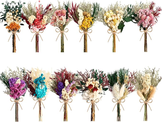 12/24PCS Handmade Dried Flower Bouquet with Stems Natural Dried Wildflowers 7.5 Inch Mini Dry Flowers for Vase Farmhouse Decor, Wedding Styling, Photography Props, Gift DIY(12pcs, Colorful)
