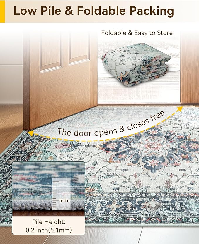 RELEANY Area Rugs 2'x10' Runner Rug Non Slip Washable for Kitchen Hallway Bedroom Beside Laundry Room Bathroom Rug, Floor Carpet, Green Navy Blue White Red Teal Colorful