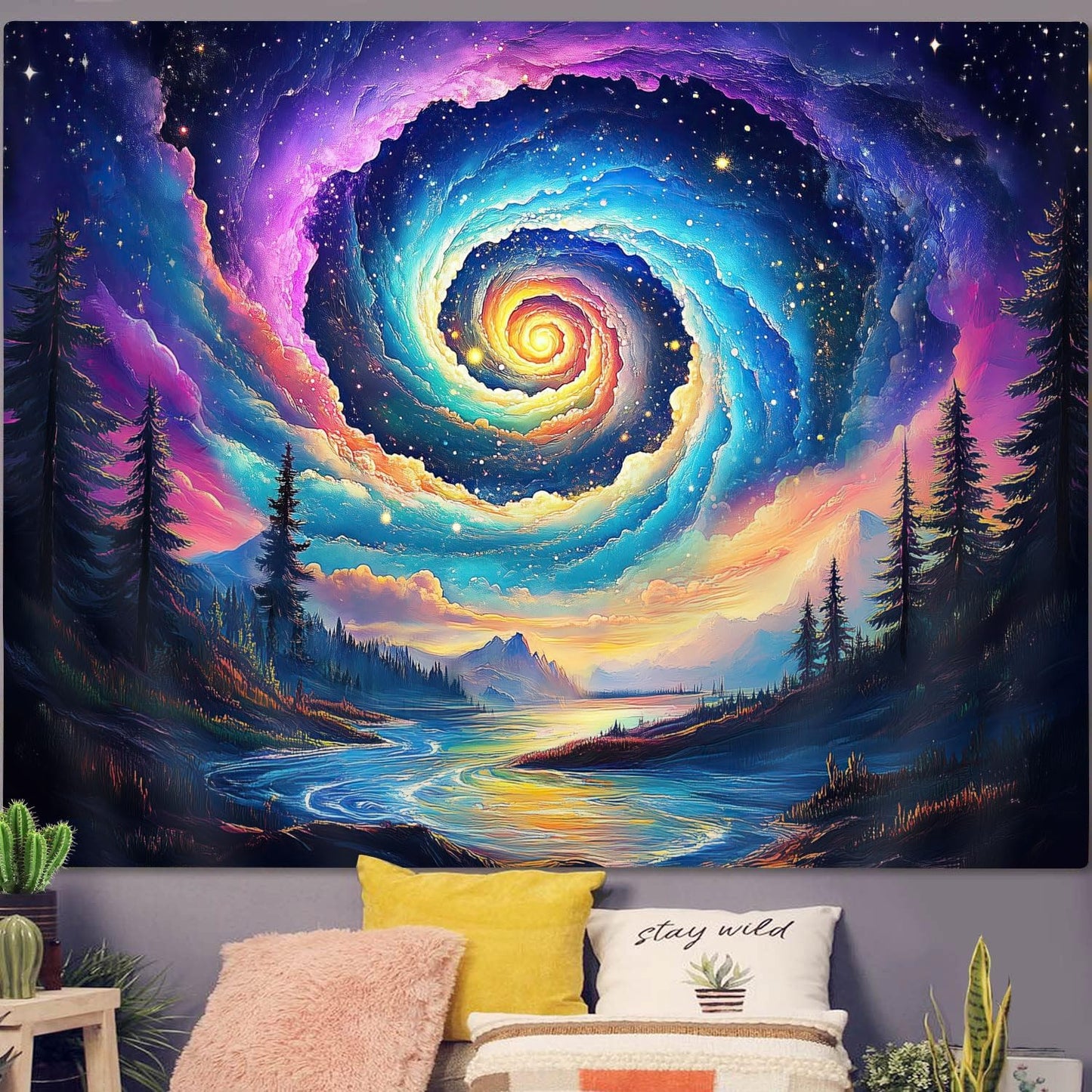 Galaxy Space Tapestry, Cool Colorful Trippy Forest Mountain River Aesthetic Tapestries, Psychedelic Starry Sky Swirls Misty Fantasy Landscape Tapestry Wall Hanging College Bedroom for Guys Men 80X60