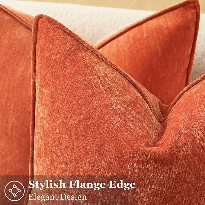 decorUhome Summer Couch Throw Pillow Covers 16x16 Set of 2, Decorative Soft Velvet Modern Cozy Chenille Pillow Cases with Elegant Design for Sofa Bed Living Room Home Decor, Rust