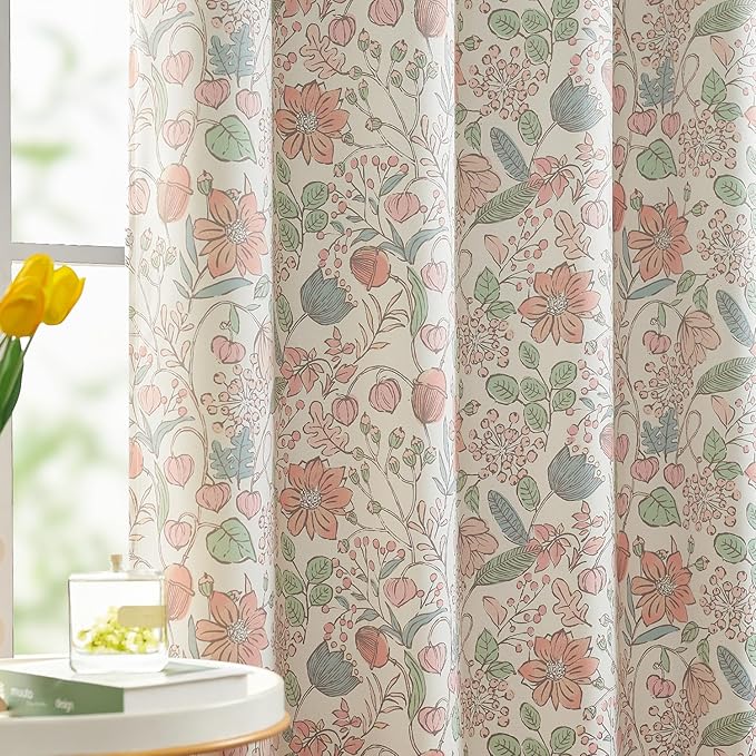 jinchan Nursery Curtains 95% Blackout Pink 96 Inch Long Floral Curtains for Girls Room, Farmhouse Drapes for Living Room Bedroom Darkening Window Treatment Grommet Top Set of 2 Panels