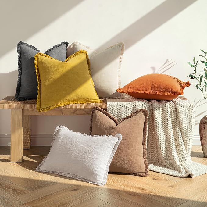 MIULEE Decorative Throw Pillow Covers Neutral Linen Fringe Throw Pillows Set of 2 Burnt Orange Boho Farmhouse Cushion Covers with Tassels for Couch Sofa Bed Living Room Fall Home Decor 18x18 Inch