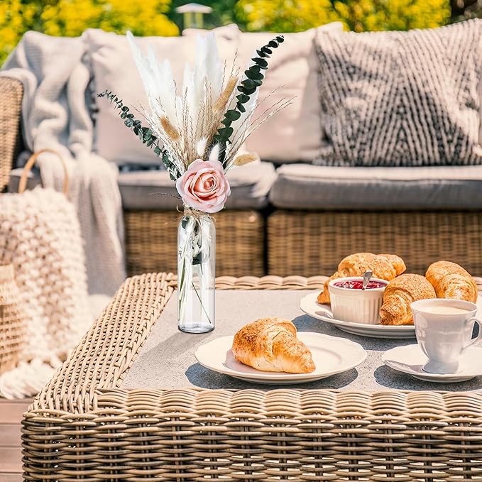 Qinyoung 10 Set Dried Pampas Grass Centerpiece for Wedding Baby Shower Party 10 Glass Flower Jars 10 Artificial Roses 80 Dried Pampas Grass with Rope for Rustic Bridal Farmhouse Decoration(Pink)