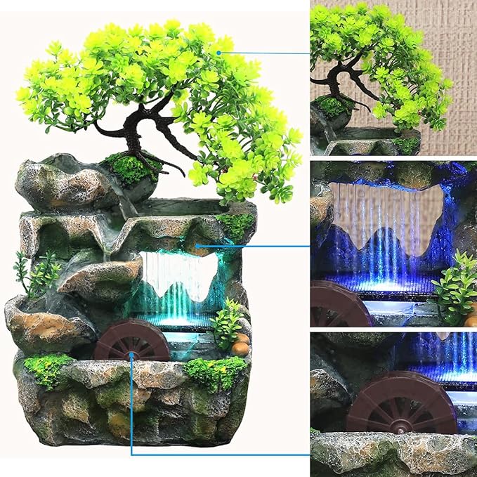Rockery Stream Tabletop Fountain, Zen Meditation Indoor Waterfall Feature with Automatic Pump and Switch, Desktop Fountain for Home Office Bedroom Decoration (D)