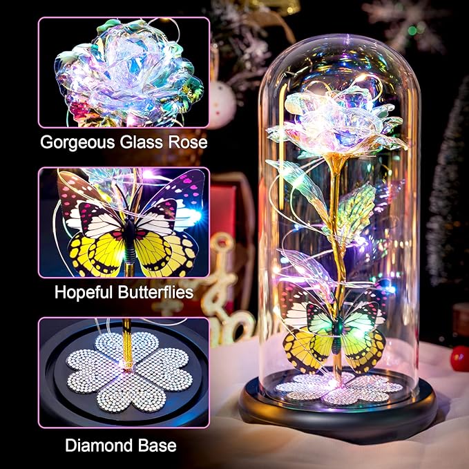Mothers Day Rose Gifts for Mom Birthday Gift for Women Galaxy Glass Rose in Glass Dome Forever Eternal Crystal Roses with Butterfly Mother's Day Flowers Gifts for Wife Daughter Grandma Sister Colorful
