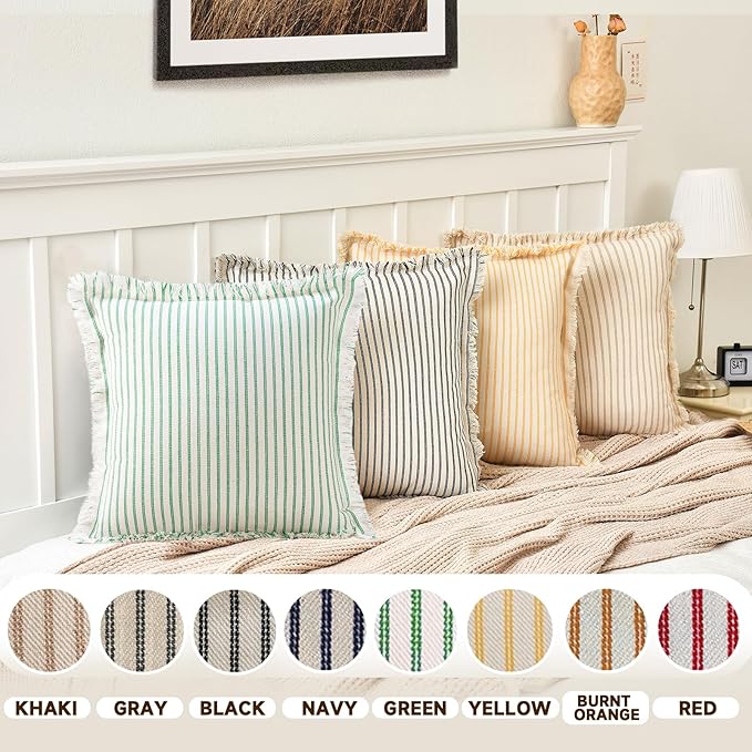 ZWJD Throw Pillow Covers 16x16 Set of 2 Green Striped Pillow Covers with Fringe Chic Cotton Decorative Pillows Square Cushion Covers for Sofa Couch Bed Living Room Farmhouse Spring Decor