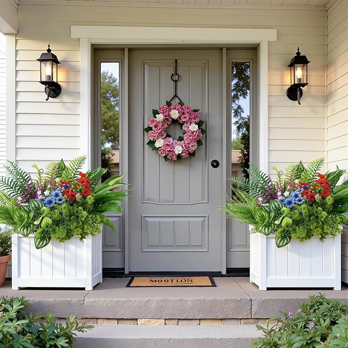 Alupssuc 24Pcs Artificial Flowers and Plants,UV Resistant & No Fade Fake Plastic Greenery Shrubs for Home Garden, Pathway, Front Porch-Spring Summer Decor, Indoor/Outdoor Use,Red Purple Pink Blue