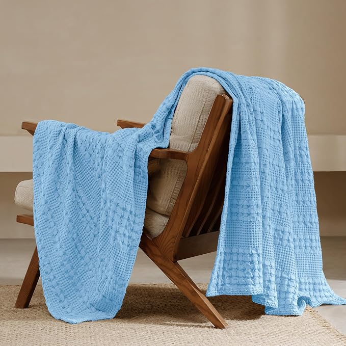 PHF 100% Cotton Waffle Throw Blanket for Couch, Lightweight Breathable and Soft for Summer, Luxury Aesthetic Waffle Weave Blanket for Home Decor & Office, Gifts for Women, 50"x60", Airy Blue