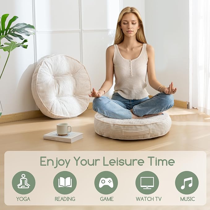 HIGOGOGO Floor Pillow Cushion for Adults, Meditation Cushion Pillow, Large Round Floor Sitting, Tufted Corduroy Cover, for Tatami Living Room or Yoga, 22x22 Inch, 2Pack, Beige