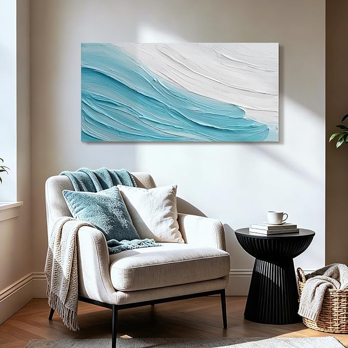 Large Modern Abstract Ocean Wave Canvas Wall Art Coastal Oil Painting Decor | 24x48 In Hand‑Painted Horizontal Minimalist Artwork for Living Room Bedroom Office, Original Blue & White Wall Decor Gifts