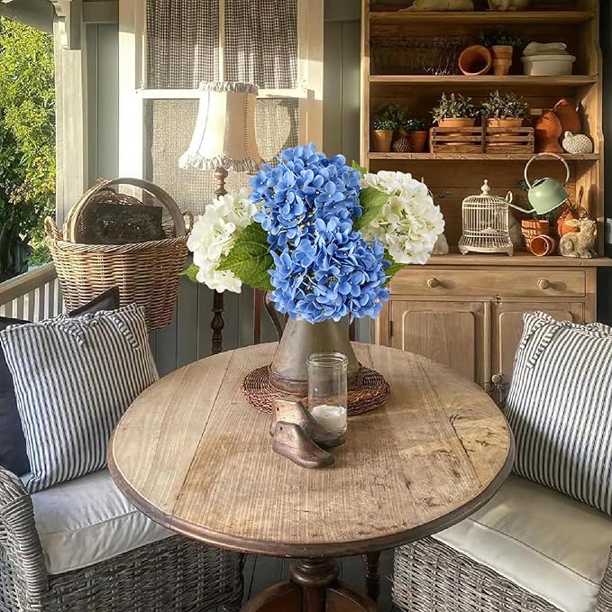ZYTUYO 4 Pcs 20'' Real Touch Hydrangea Artificial Flowers Boho Lifelike Real Looking Latex Hydrangeas Flower with Long Stem for Baby Shower Indoor Home Decor Spring Table Centrepiece 2 Blue 2 White