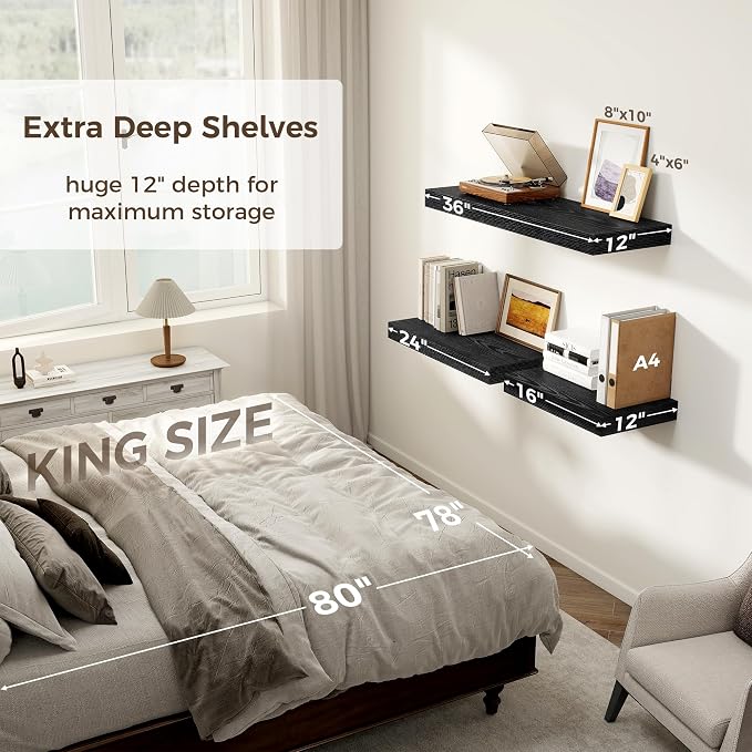12 Inch Deep Black Floating Shelves, 24 x 12 Floating Shelf for Books, Rustic Wood Deep Wall Shelves for Home Storage & Display, 2" Thicked Shelves for Kitchen, Living Room, Bedroom, 2 Pack