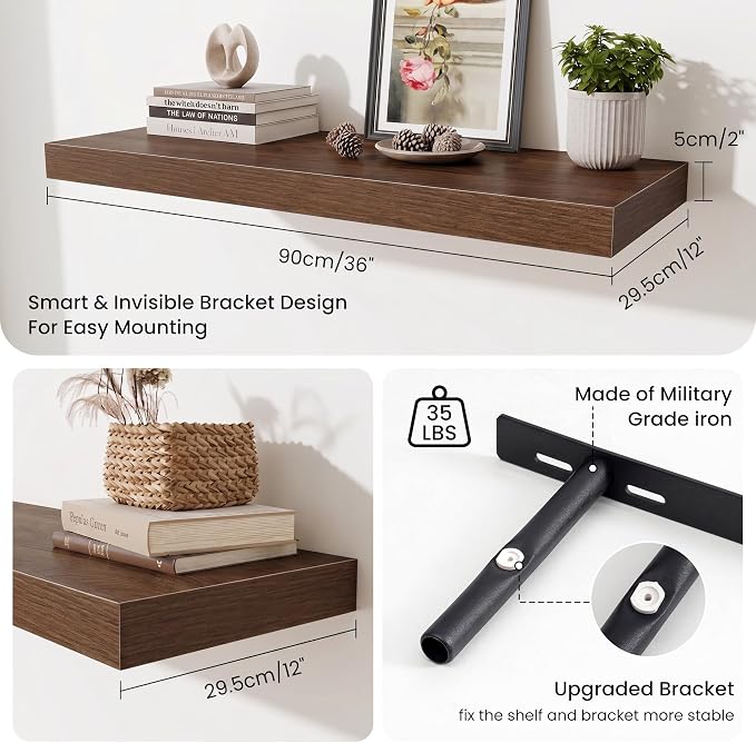 Fun Memories 12" Deep Floating Shelves for Wall, 36" W x 12" D Floating Shelves, Long Wood Floating Wall Shelf for Living Room Bathroom Bedroom Kitchen, Walnut, Set of 2