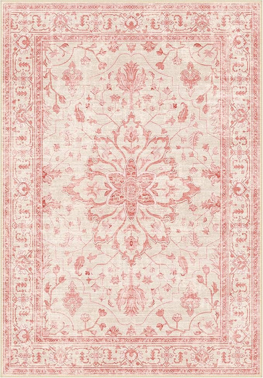 RELEANY Area Rugs Round 8ft Washable Non-Slip, Floral Vintage Distress Print Pattern Medallion Carpet for Living Room Bedroom Dining Room, Pink Light Vintage Pink