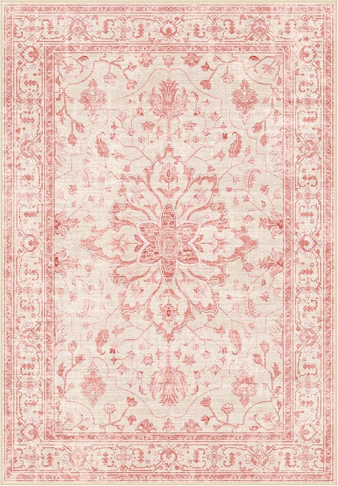 RELEANY Area Rugs 3'x5' Washable Non-Slip, Floral Vintage Distress Print Pattern Medallion Carpet for Living Room Bedroom Dining Room, Pink Light Vintage Pink