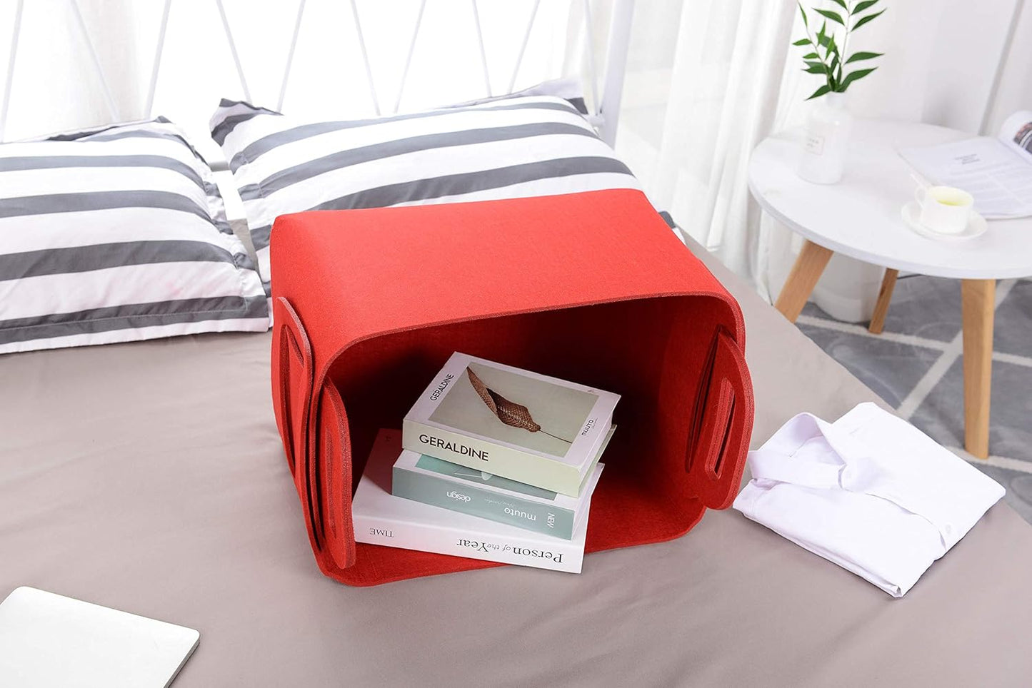 Minoisome Storage Basket Felt Storage Bin Collapsible& Convenient Box Organizer with Carry Handles for Office Bedroom Closet Babies Nursery Toys Laundry (Red, 17.9inch（L）×12.2inch（W）×11.6inch（H）)