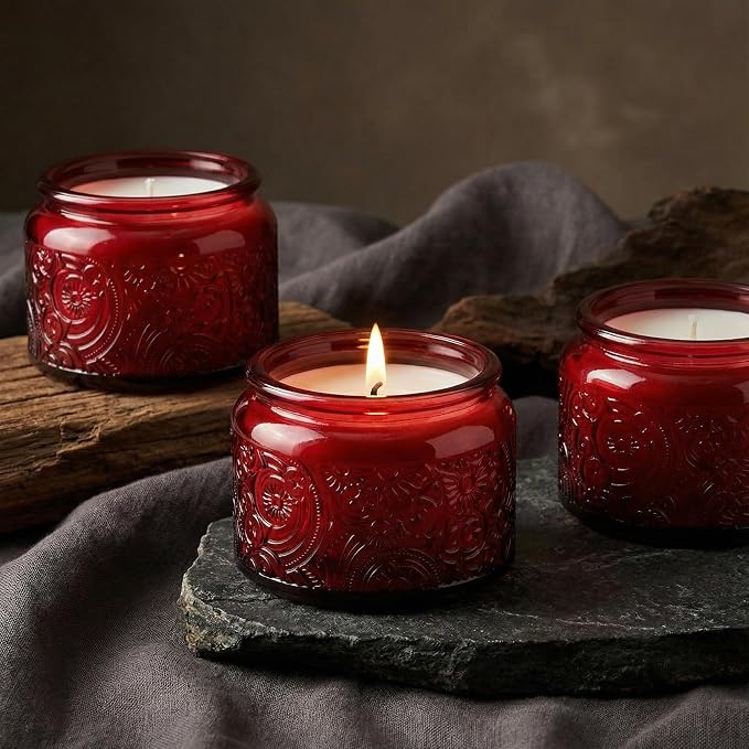 4 oz Red Sun Moon Stars Candle Jars with Bamboo Lids, 18 Pack | Patented Embossed Design, Includes Wick Centering Devices & Warning Labels, Multiple Color Options
