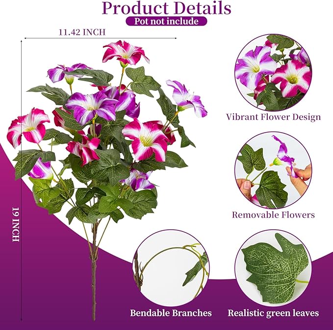 19 Inch Artificial Fake Flowers for Outdoor,4 Pcs Faux Silk Petunias Spring Flowers for Outside for Indoor Porch Planter Front Door Garden Patio Window Box Home Decor(Double Red Lotus)