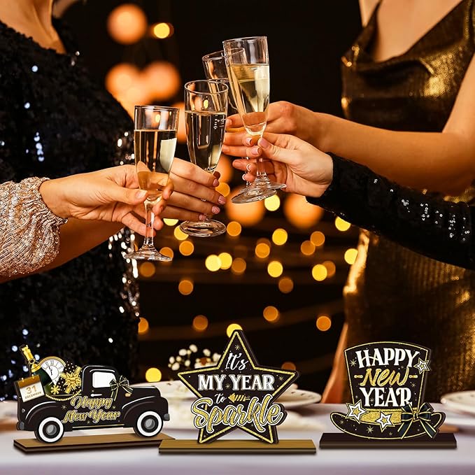 Cinnvoice 6 Pcs Happy New Year Table Decorations Wooden Table Centerpieces Rustic Wood Tabletop Sign Decorations for Home Kitchen Office Farmhouse Desk Shelves Party Tiered Tray Decor