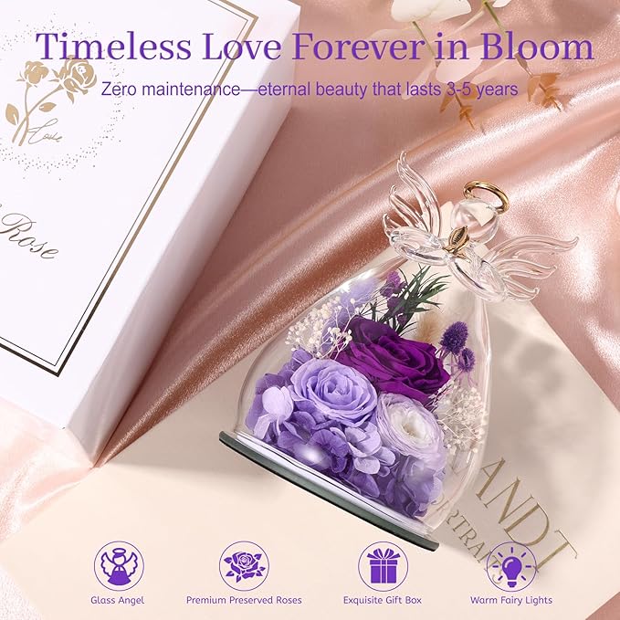 Bessol Gifts for Mom Birthday Flowers for Women Mothers Day Flowers for Delivery Preserved Roses Forever Flower in Glass Angel Figurines Fresh Eternal Rose for Grandma Wife Sister Daughter Friends