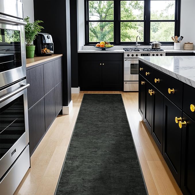 LIANLAM 2x6 Washable Runner Rugs, Black Stainproof Non-Slip for Hallway | Low pile washable runner rug, stain-resistant & non-slip backing, pet & kids friendly for hallway kitchen bedroom(2x6,Black)