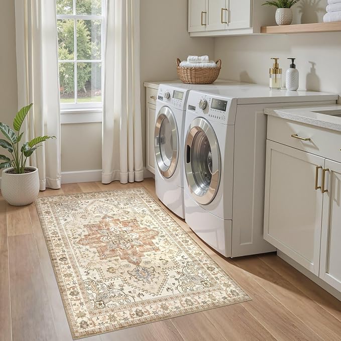 Tortania Area Rug Living Room Rugs - 3x5 Washable Rug Vintage Oriental Distressed Farmhouse Small Thin Indoor Carpet for Living Room Bedroom Under Dining Table Home Office - Rust/Cream