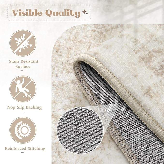 Runner Rug 2x8 Washable Rug, Vintage Boho Medallion Hallway Runner Non-Slip Soft Low Pile Distressed Floor Carpet Retro Doormat for Kitchen Bedroom Laundry Entryway Bathroom (Beige, 2'x8')