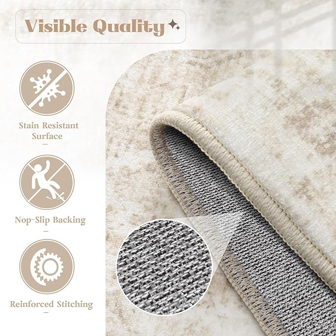 Area Rug 5x7 Washable Rug, Vintage Boho Medallion Rugs Non-Slip Soft Low Pile Large Distressed Rug Indoor Retro Carpet for Living Room Bedroom Dining Room Home Office (Beige, 5'x7')