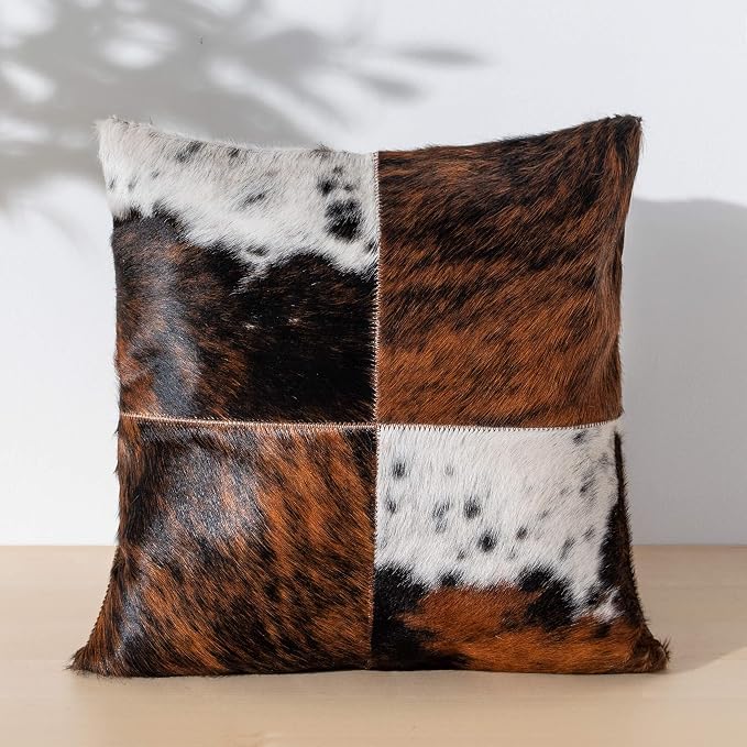 ecowhides 100% Genuine Brazilian Cowhide Patchwork Pillow – Tricolor Four Panel Design – Single-Sided – Luxury Leather Decorative Cushion for Rustic & Western Home Décor – 15” x 15”