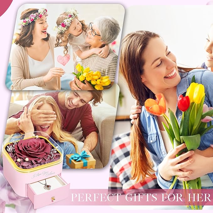 Beferr Mothers Day Forever Rose with Necklace for Mom Birthday Gifts Preserved Roses Eternal Flower for Delivery Fresh Flowers Gifts for Mother Wife Her Grandma Sister Daughter Girls Friends
