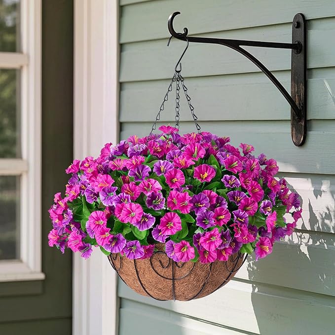 Ammyoo Artificial Hanging Flowers with Basket, Faux Silk Petunias Flower Arrangement, Coconut Lining with Morning Glories Fake Plants Patio Garden Porch Deck Spring Summer Decor(Lotus and Fuchsia)