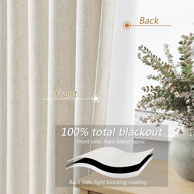Guken Cream 100% Blackout Linen Curtains 95 Inch Length 2 Panels Set for Living Room Bedroom Back Tab Thermal Insulated Black Out Drapes Room Darkening Farmhouse Window Curtains,52x95