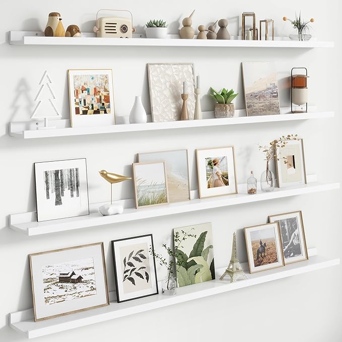 FLYJOE Floating Picture Ledge Shelves for Wall Set of 4, 56 Inch Wall Shelves with Lip Long Large Nursery Book Shelf for Toys Storage Kids Bookshelf Wall Mounted Living Room Bedroom Decor Frames