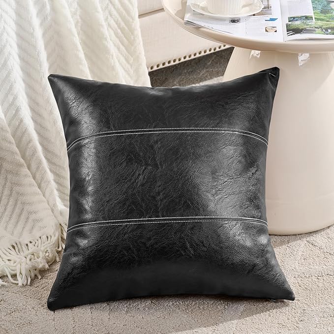 Fancy Homi Black Boho Faux Leather Decorative Throw Pillow Covers 18x18 Inch for Living Room Couch Bed Sofa, Rustic Modern Farmhouse Home Decor, Hand Stitched Square Cushion Case 45x45 cm