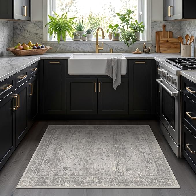 Washable 3x5 Entryway Rug, Non-Slip Low Pile Area Rug for Kitchen, Living Room & Laundry Room, Mineral-Inspired Marble Pattern Neutral Gray Floor Mat