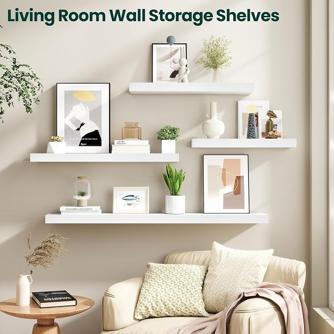 Floating Shelves for Wall 40 in x 9.3 in Deep, Wall Mounted Rustic Wood Shelf with Invisible Brackets for Storage & Display, Living Room Bedroom Bathroom, White, 2 Pack