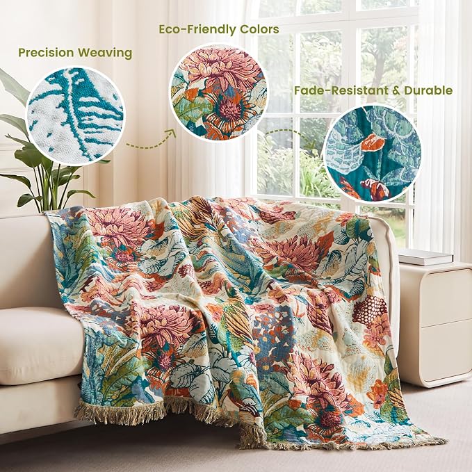 MSGKV Boho Throw Blanket for Bed Couch 100% Cotton Blanket 60"x80" Summer Breathable Farmhouse Lightweight Muslin Blankets Home Decor