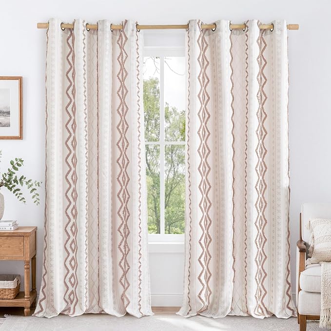 BGment Botanical Linen Curtains with Tufted Pom Stripe, Jacquard Geometric Pattern with Grommet for Farmhouse Bedroom Living Room Light Filtering, Mocha, 2 Panels Set, 52 X 84 Inch