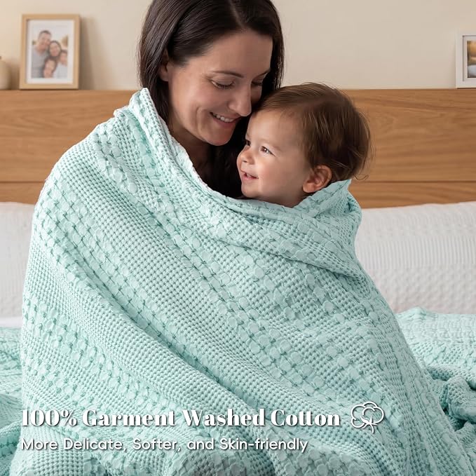 PHF 100% Cotton Waffle Blanket Queen Size for Bed, Lightweight Breathable and Soft for Summer, Luxury Aesthetic Waffle Weave Blanket for Home Decor & Gifts for Women, 90"x90", Mint