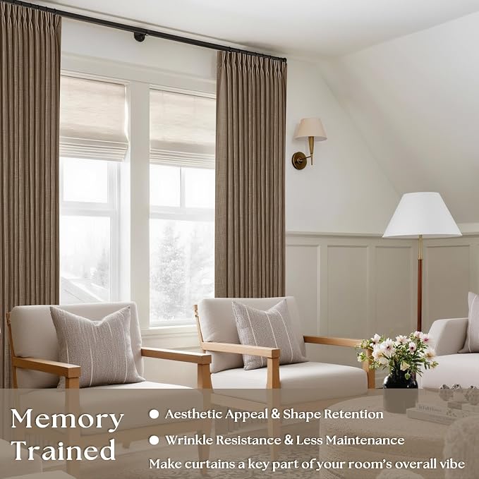 94 Inch Linen Curtains 2 Panels Set Pinch Pleated for Living Room Bedroom Memory Training Shaped Semi Sheer Dutch Cocoa Pinch Pleat Drapes Hooks Rings Light Filtering Window Curtain Drapes