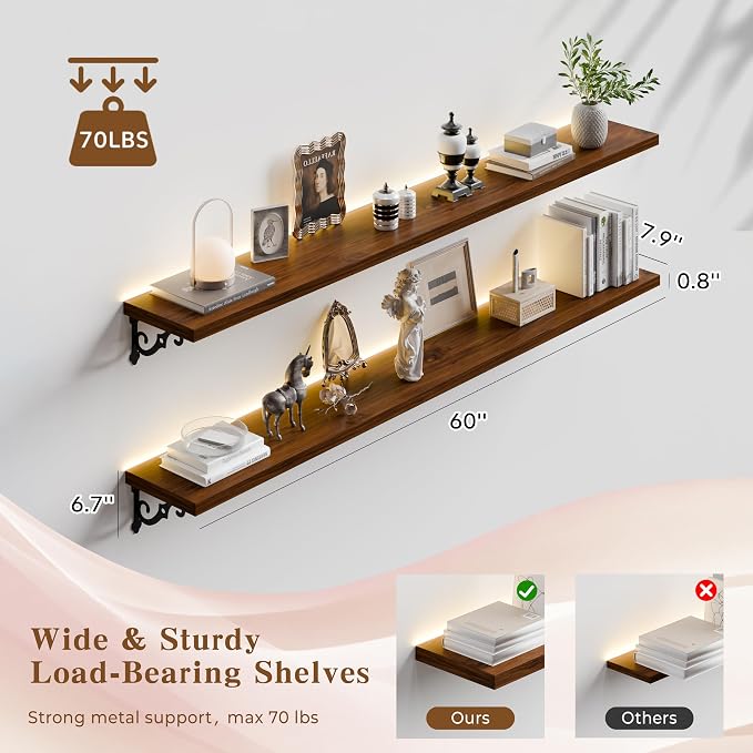 60 Inch 2 Tier Solid Wood Floating Shelves with LED Light, Metal Brackets | 60 inch solid pine shelves, 2 tier, warm LED light, walnut finish, metal brackets for books and decor