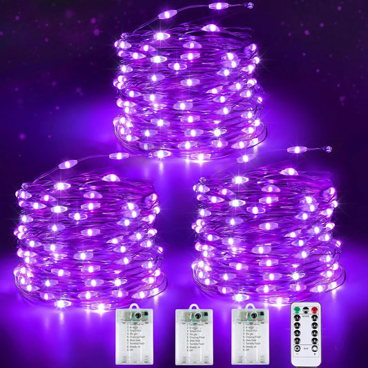 3 Pack Fairy Lights Battery Operated with Remote & Timer, 26 FT 80 LED Halloween String Lights Outdoor Indoor Decoration, 8 Modes Twinkle Lights for Halloween Party Christmas Bedroom Décor (Purple)
