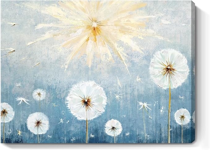 Nicetop Blue Dandelion Canvas Wall Art 16x12, Small Coastal Botanical Farmhouse Bathroom Decor Ready to Hang for Bedroom Living Room