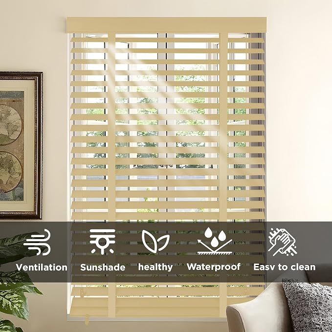 2" Slats Wood Blinds for Indoor Windows: Solid Wooden Blackout Blinds & Shades,Black Out Privacy Horizontal Blinds for Home Bedroom Bathroom Living Room Windows and Doors 35.5" WX64 H Beige