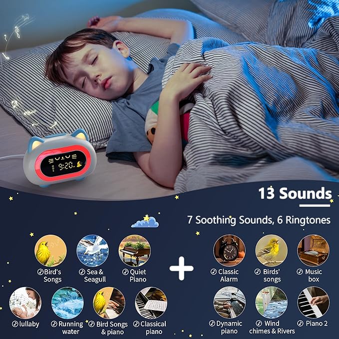 ANALOI Alarm Clock for Kids, Kids Alarm Clocks for Girls with Sleep Training Dual Alarm Eye Protection Auto Off Timer 10 Color Night Light, Cat Ok to Wake Clock, Gifts for Kids Girls