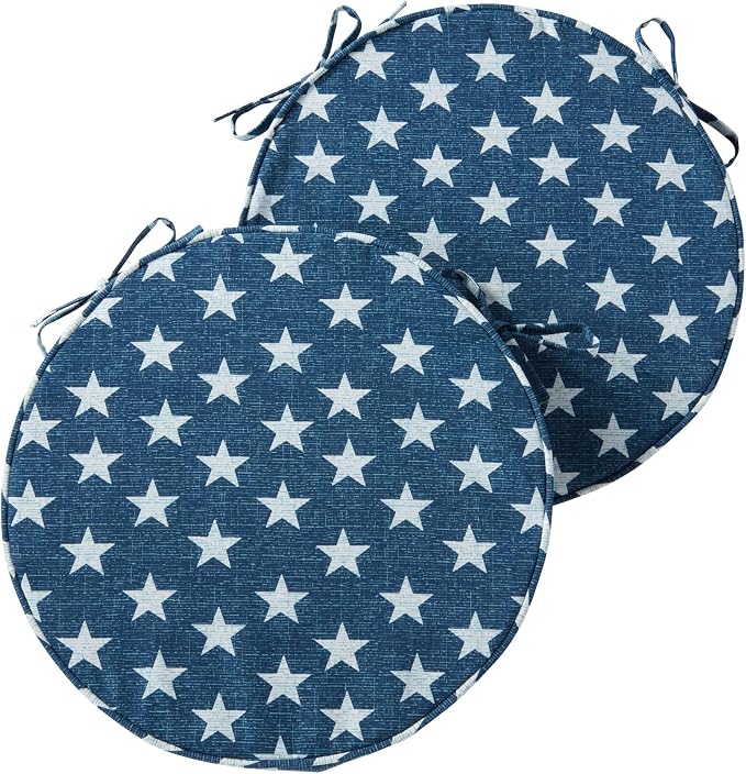 Set of 2 Outdoor 18 inch Round Patio Dining Chair Pads – Comfortable Fiber-Filled Seat Cushions with Ties, Reversible Polyester Fabric, Stars