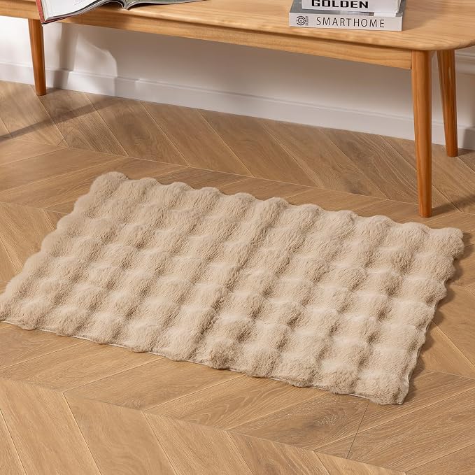 Ashler Faux Rabbit Fur Rug, Beige 2x3 FT Fluffy Soft Area Rug, Rectangle Fuzzy Carpet for Living Room, Bedroom, Machine Washable - 3D Bubble Rug