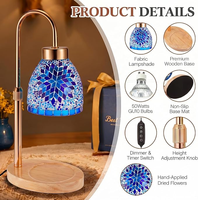 Baquler Turkish Candle Warmer Lamp with Timer Electric Dimmable Candle Warmer Turkish Table Lamp Adjustable Height Moroccan Decor Lighting for Women Birthday Gifts Bedroom Home Office Decor (Blue)