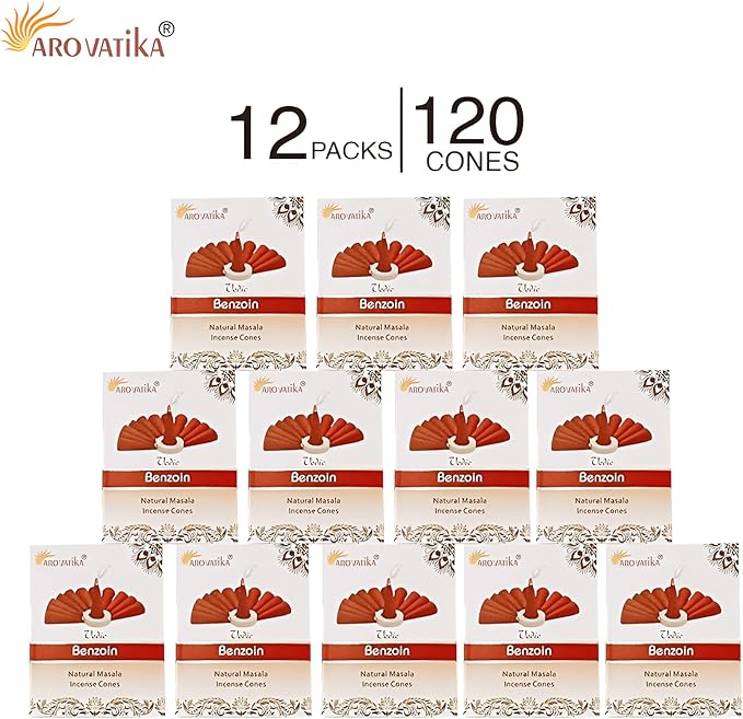 ARO VATIKA Vedic Benzoin Natural Masala 120 Incense Cones in Pack of 12 Boxes | Environment-Friendly Dhoop | Best for Prayer, Reiki, Meditation & Relaxation | Burn time- 25 mins
