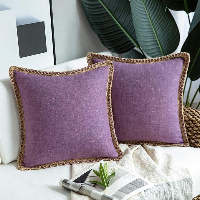 Phantoscope Pack of 2 Farmhouse Decorative Solid Throw Decorative Pillow Cover Burlap Linen Trimmed Tailored Edges Purple 22 x 22 inches, 55 x 55 cm